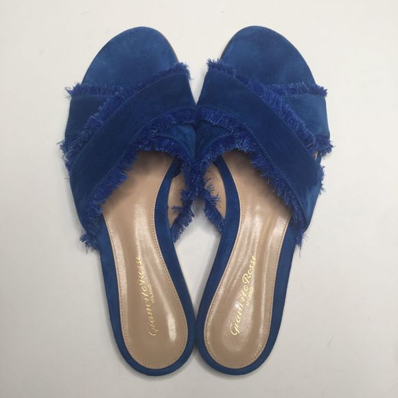 Gianvito Rossi Shoes - Gianvito Rossi Barth Suede Fringe Slides Blue 39.5